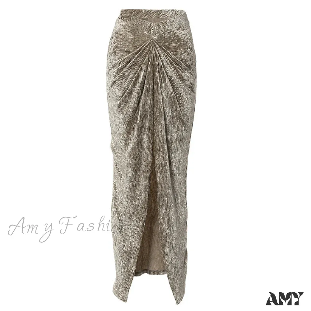 Amy Fashion - Pleated Velvet High Waist Twist High Split Party Skirt