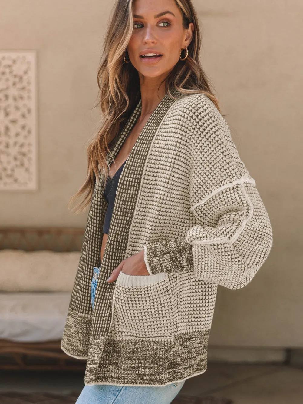 Apricot Oversized Collared Waffle Knit Cardigan