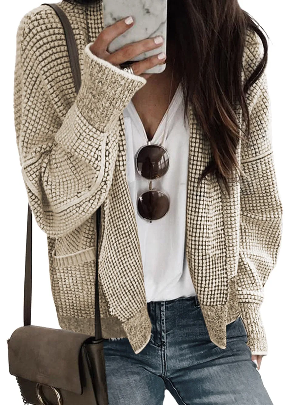 Apricot Oversized Collared Waffle Knit Cardigan