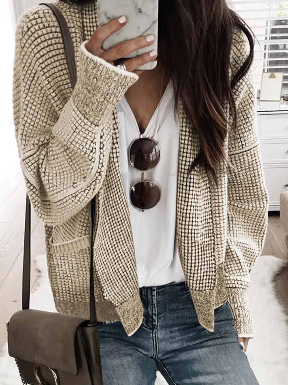 Apricot Oversized Collared Waffle Knit Cardigan