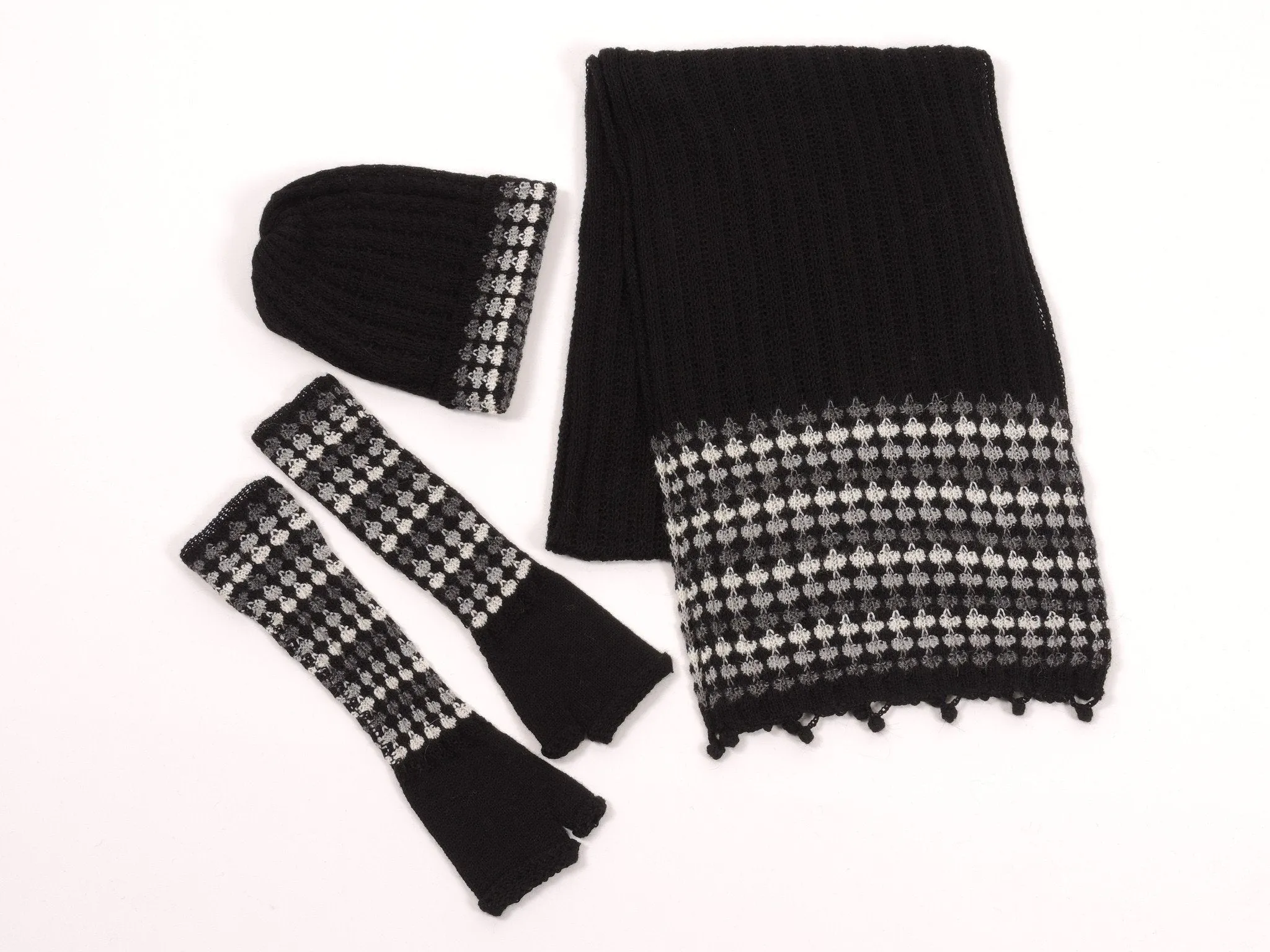 Baby Alpaca Knit Scarf Hat Gloves Set - Black, Grey & White