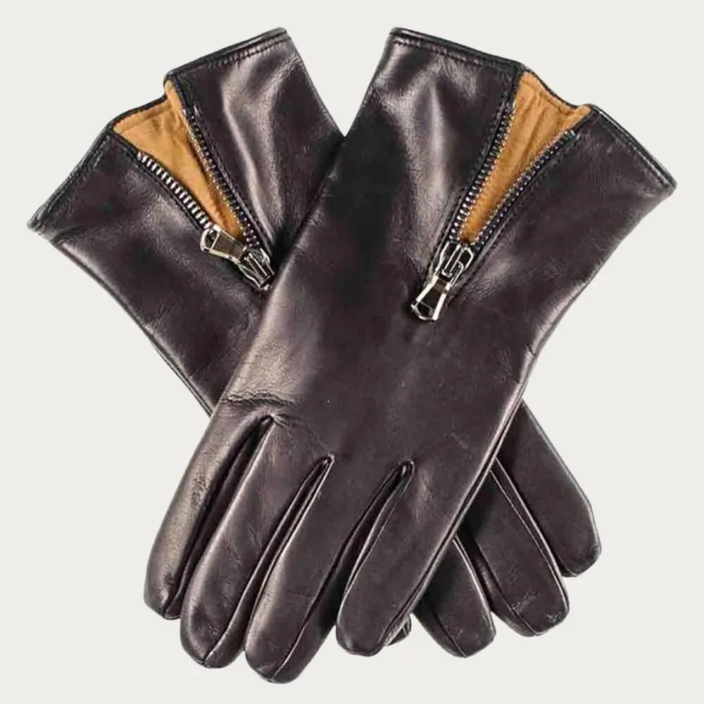 Black and Tobacco Cashmere Lined Leather Gloves with Zip Detail