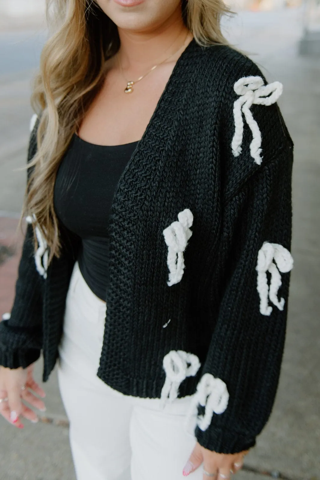 Black Chunky Knit Bow Cardigan