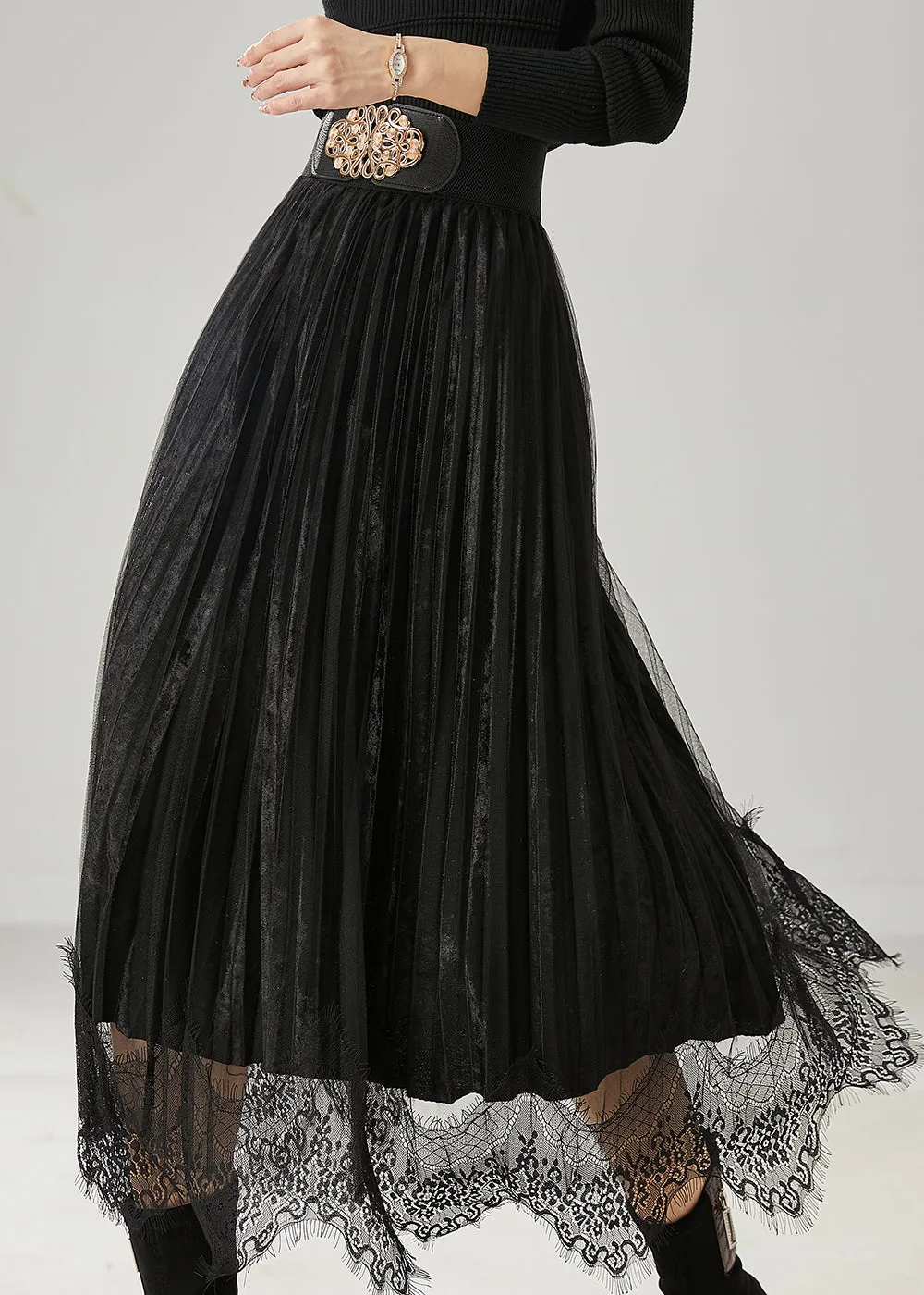 Black Patchwork Silk Velvet Pleated Skirts Exra Large Hem Spring AZ1041