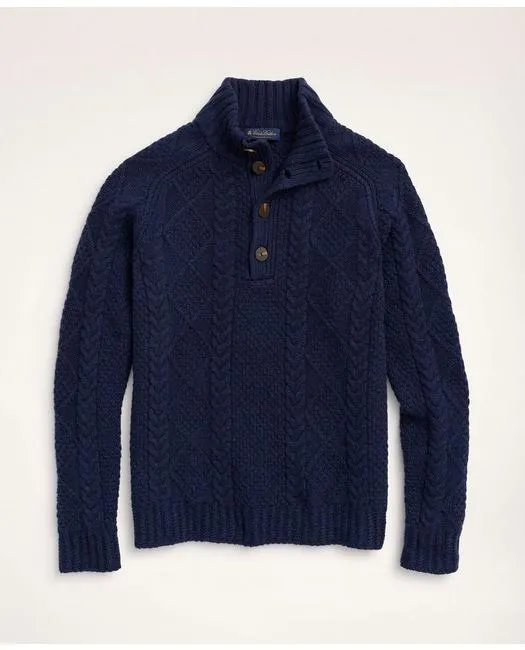 Brooks Brothers Men's Merino Wool Mock Neck Aran Cable Sweater Navy