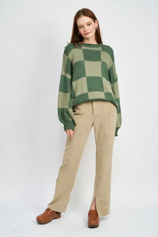 Checkerboard Sweater With Bubble Sleeves