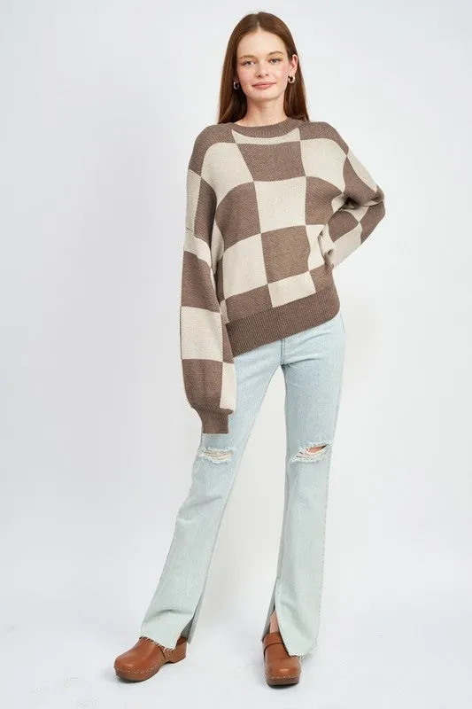 Checkerboard Sweater With Bubble Sleeves