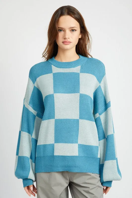 Checkerboard Sweater With Bubble Sleeves