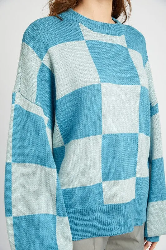 Checkerboard Sweater With Bubble Sleeves