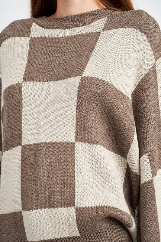 Checkerboard Sweater With Bubble Sleeves