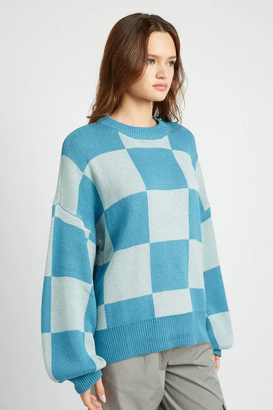 Checkerboard Sweater With Bubble Sleeves