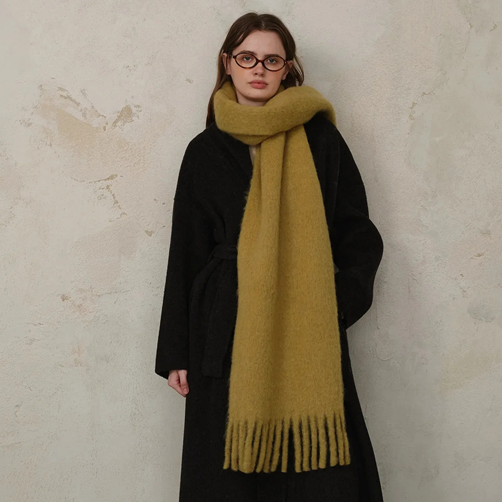 Classic Wool Blend Solid Tassel Winter Scarf for Women