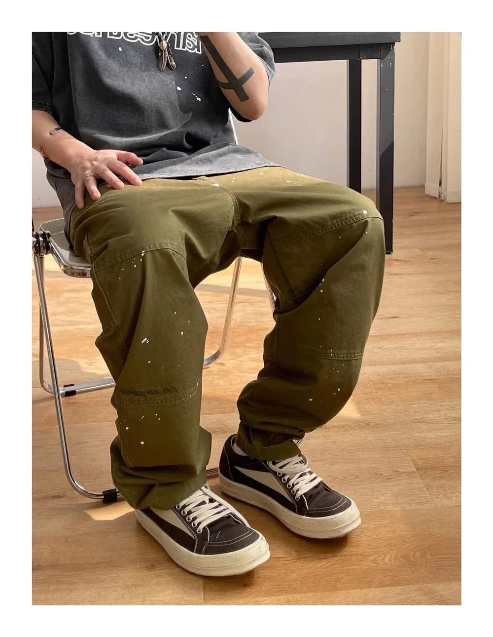 Contrast Waistband Paint Splash Workwear Cargo Pants