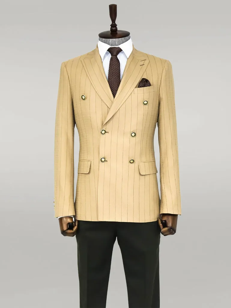 Double Breasted Slim Fit Striped Cream Men Blazer - Wessi