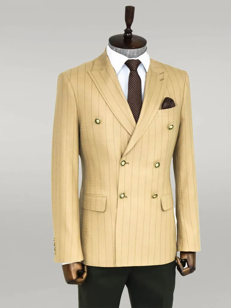 Double Breasted Slim Fit Striped Cream Men Blazer - Wessi