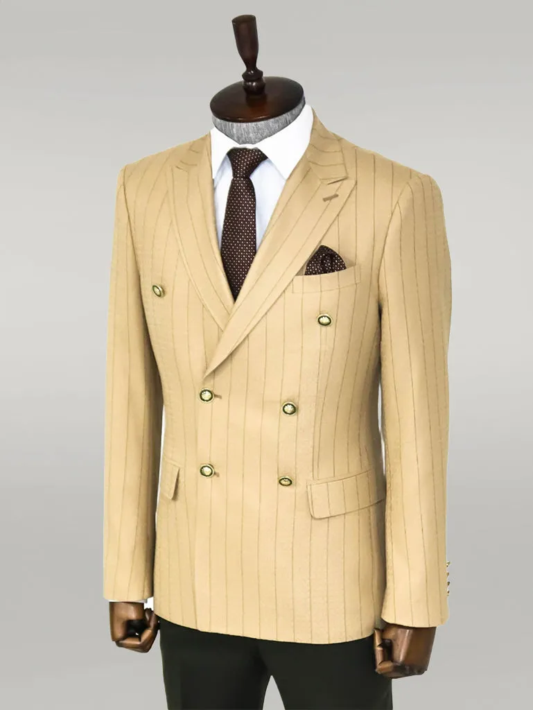 Double Breasted Slim Fit Striped Cream Men Blazer - Wessi