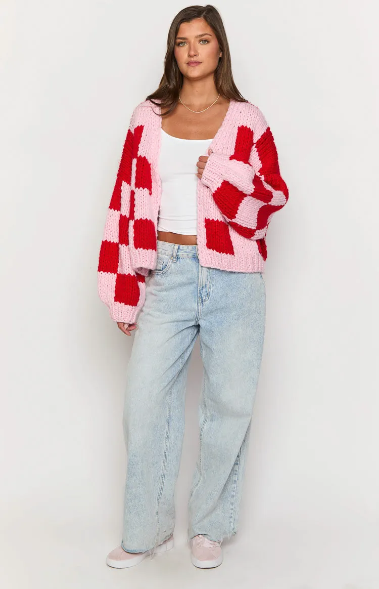 Envi Pink And Red Checkered Knit Cardigan