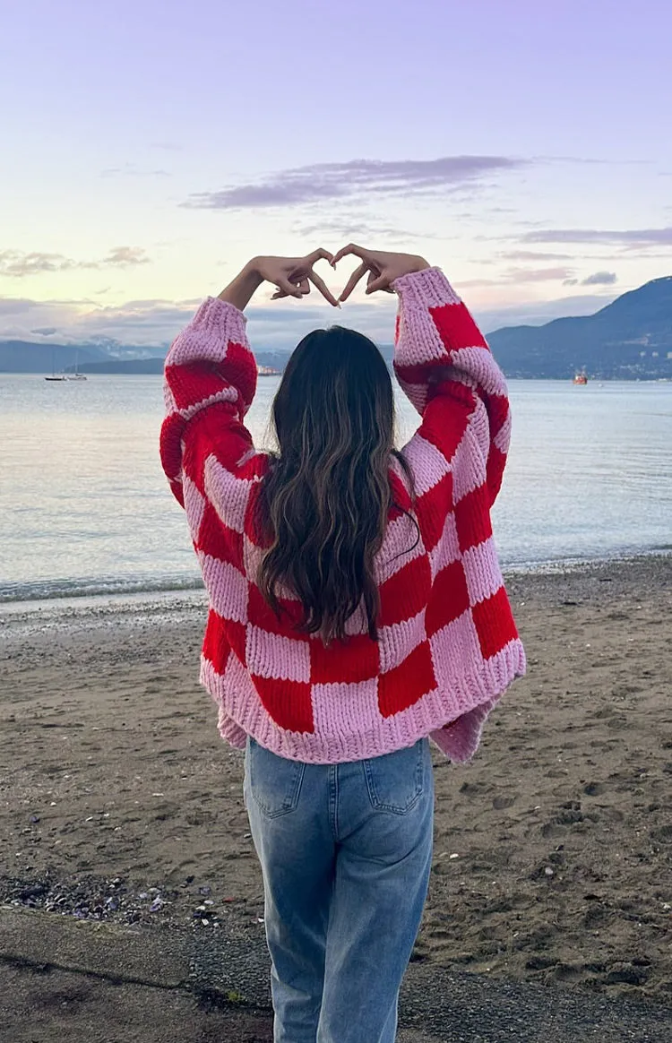 Envi Pink And Red Checkered Knit Cardigan