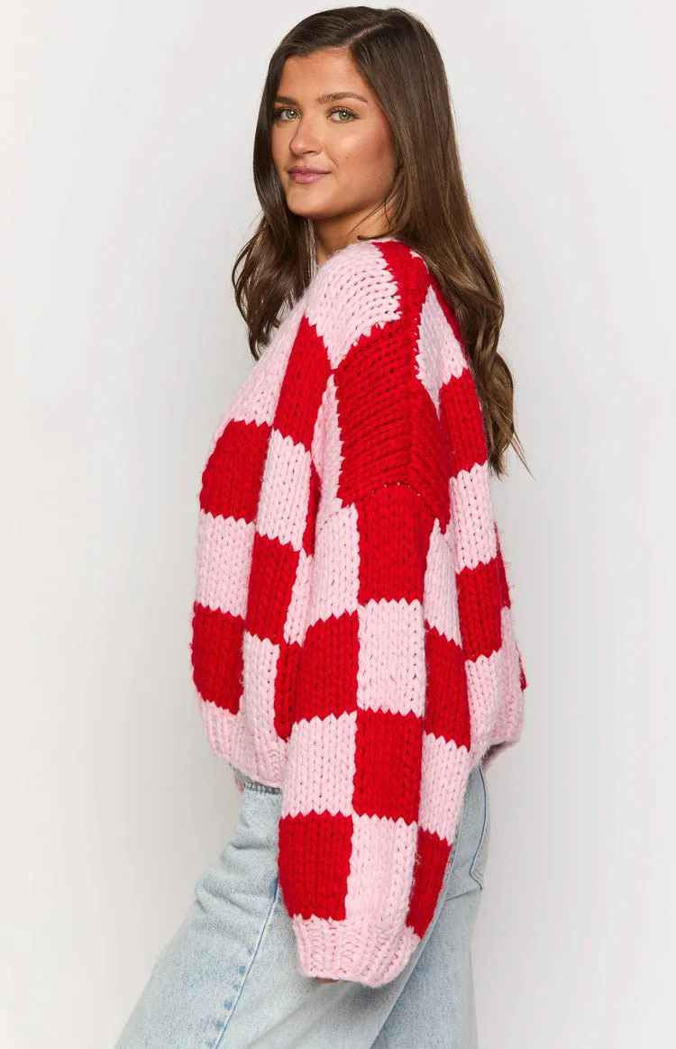 Envi Pink And Red Checkered Knit Cardigan