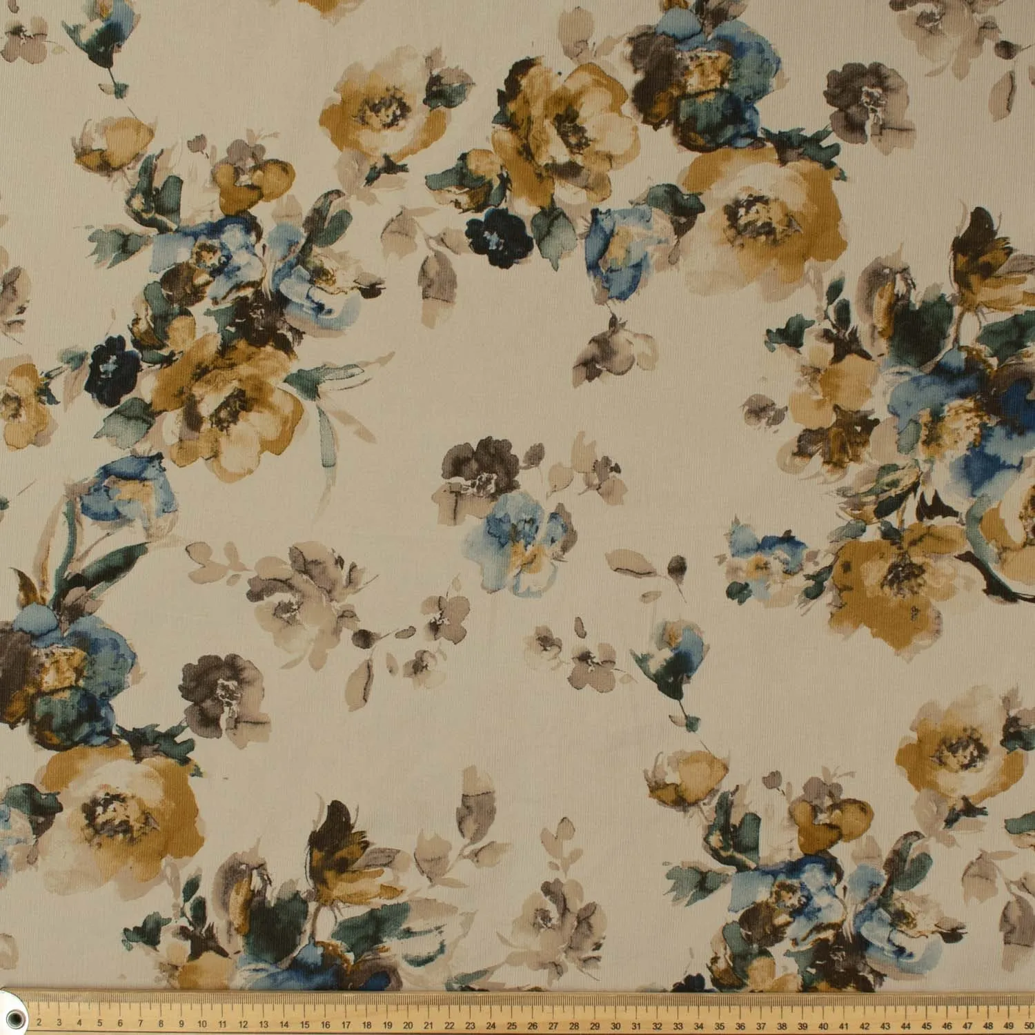 Fine Wale Printed Corduroy Yellow & Blue Florals On Ivory