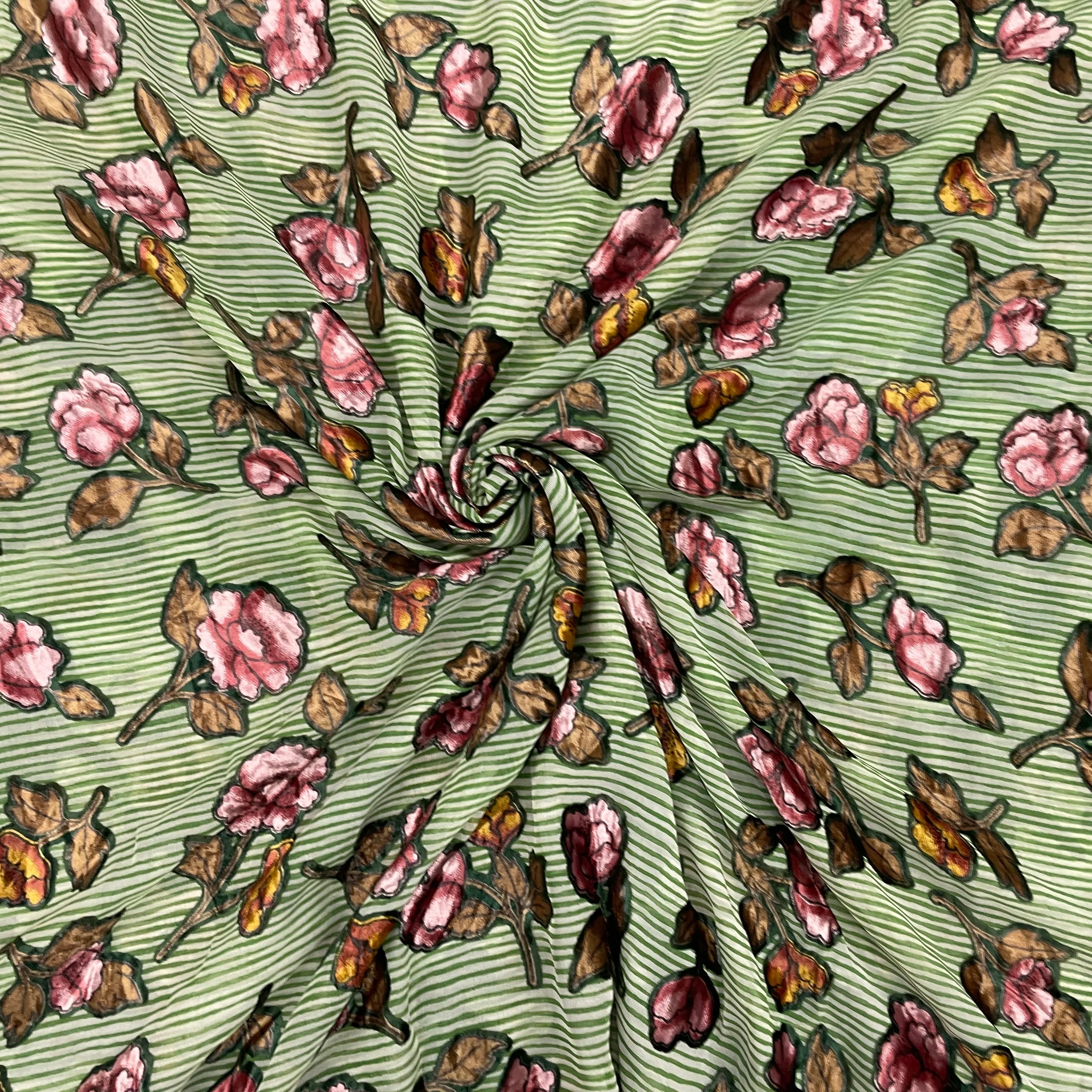 Green & Pink Floral Print Brasso Velvet Fabric