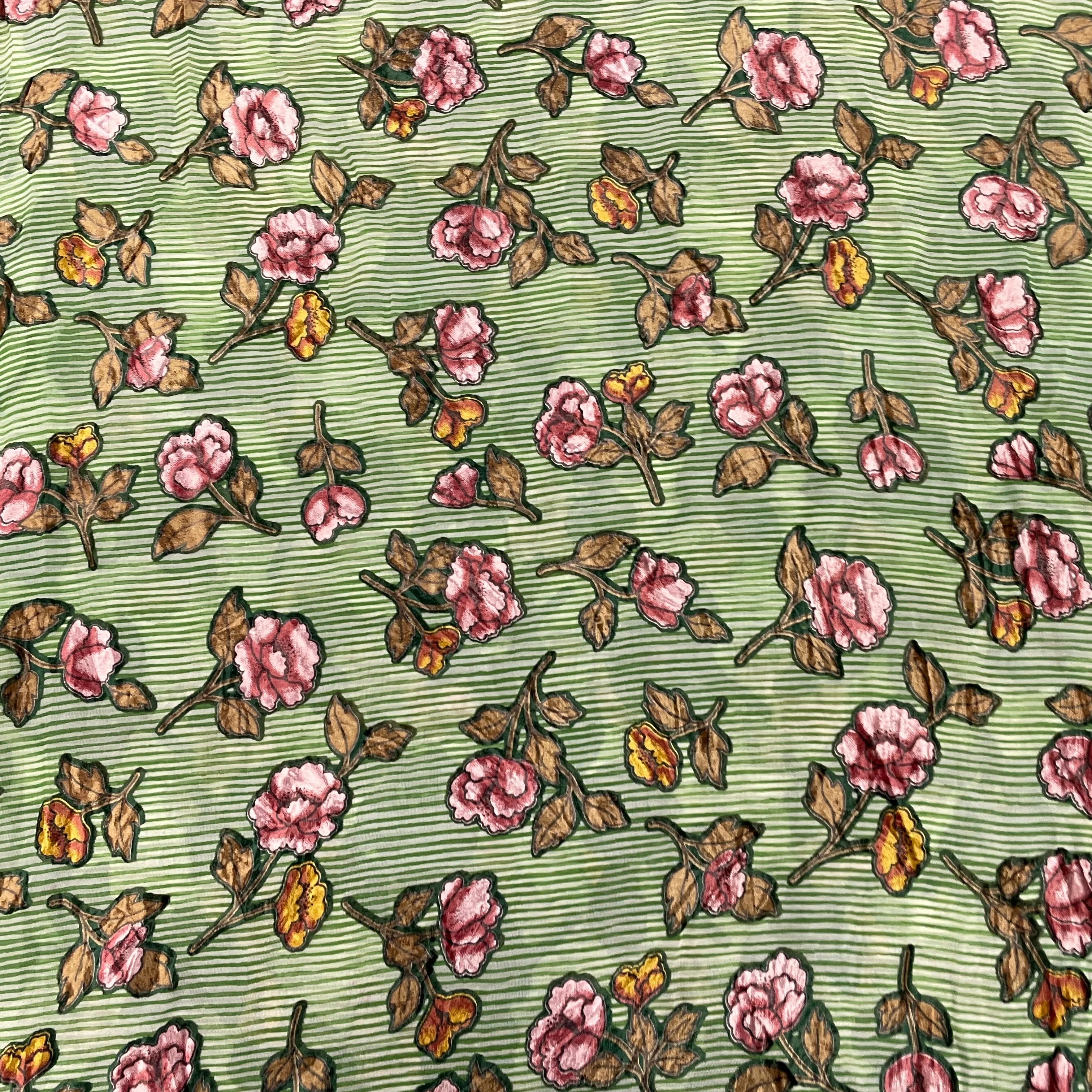 Green & Pink Floral Print Brasso Velvet Fabric