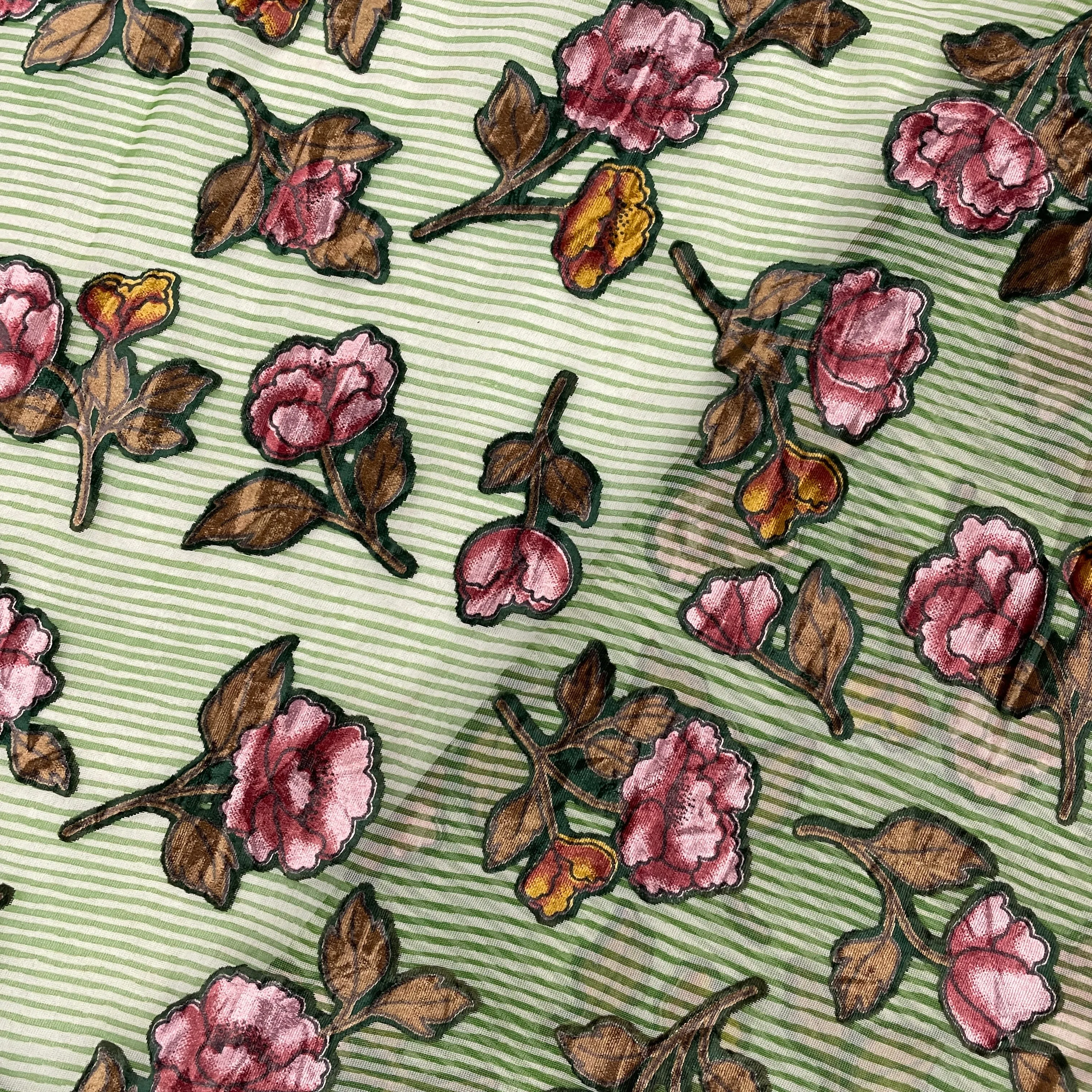 Green & Pink Floral Print Brasso Velvet Fabric