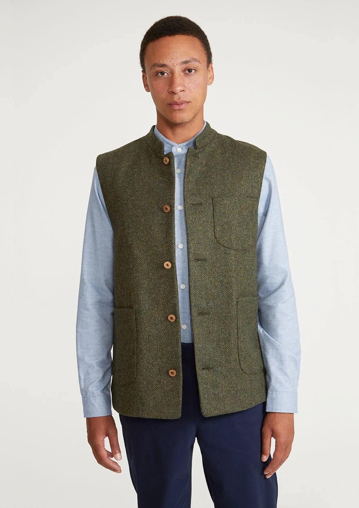 Green Herringbone Tweed Nehru Waistcoat