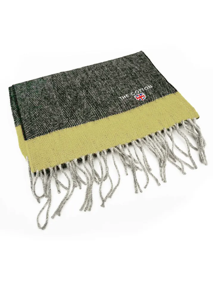 Herringbone Made In England Lambswool Fringe Scarf | Black & Yellow