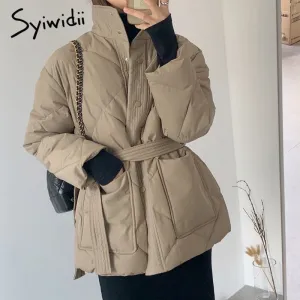 Joskaa Winter Jacket Women Argyle Parkas Thick Cotton Padded Coats with Belt Long Sleeve Stand Collar Oversized Female Outwear