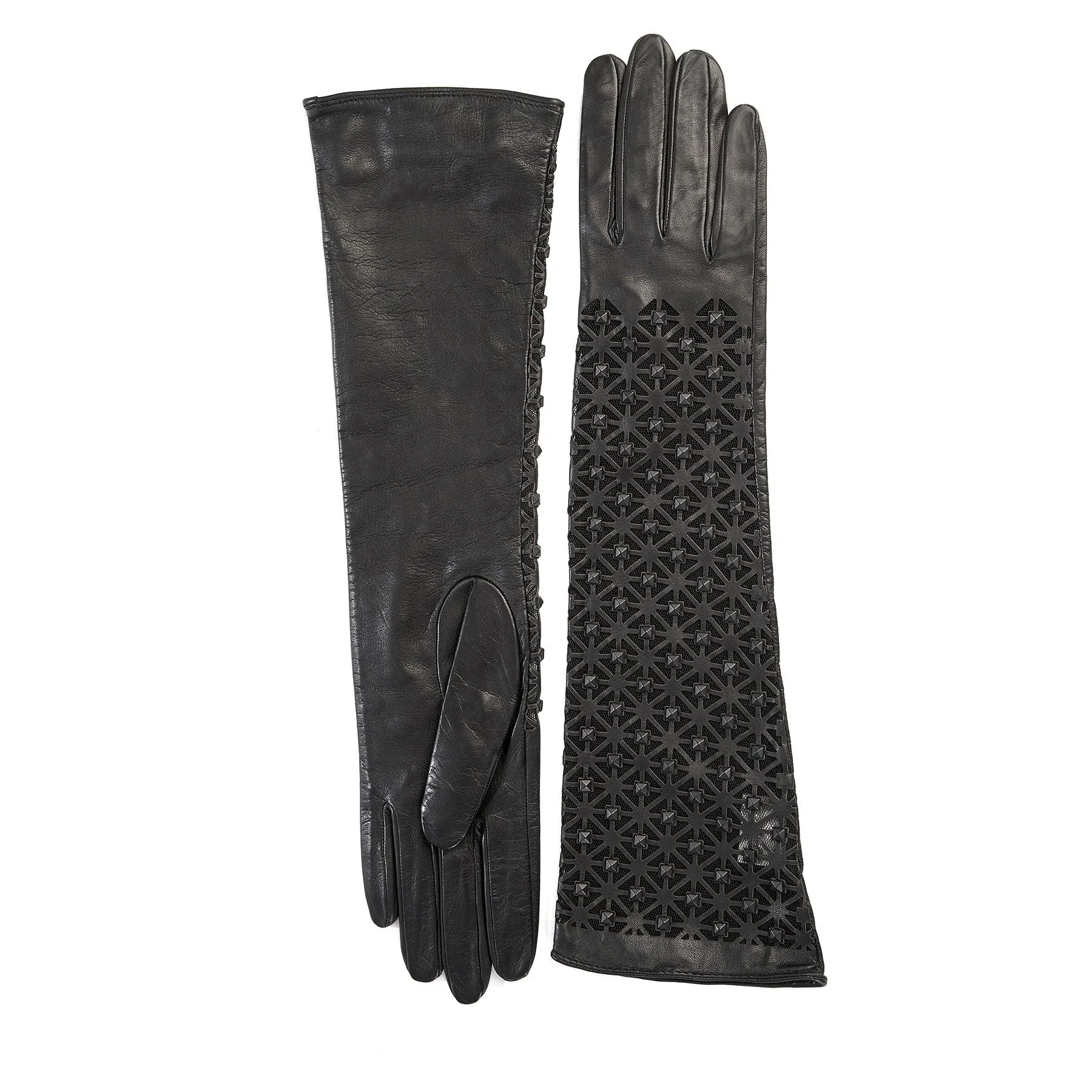 Ladies' exsclusive long unlined black leather gloves with studs