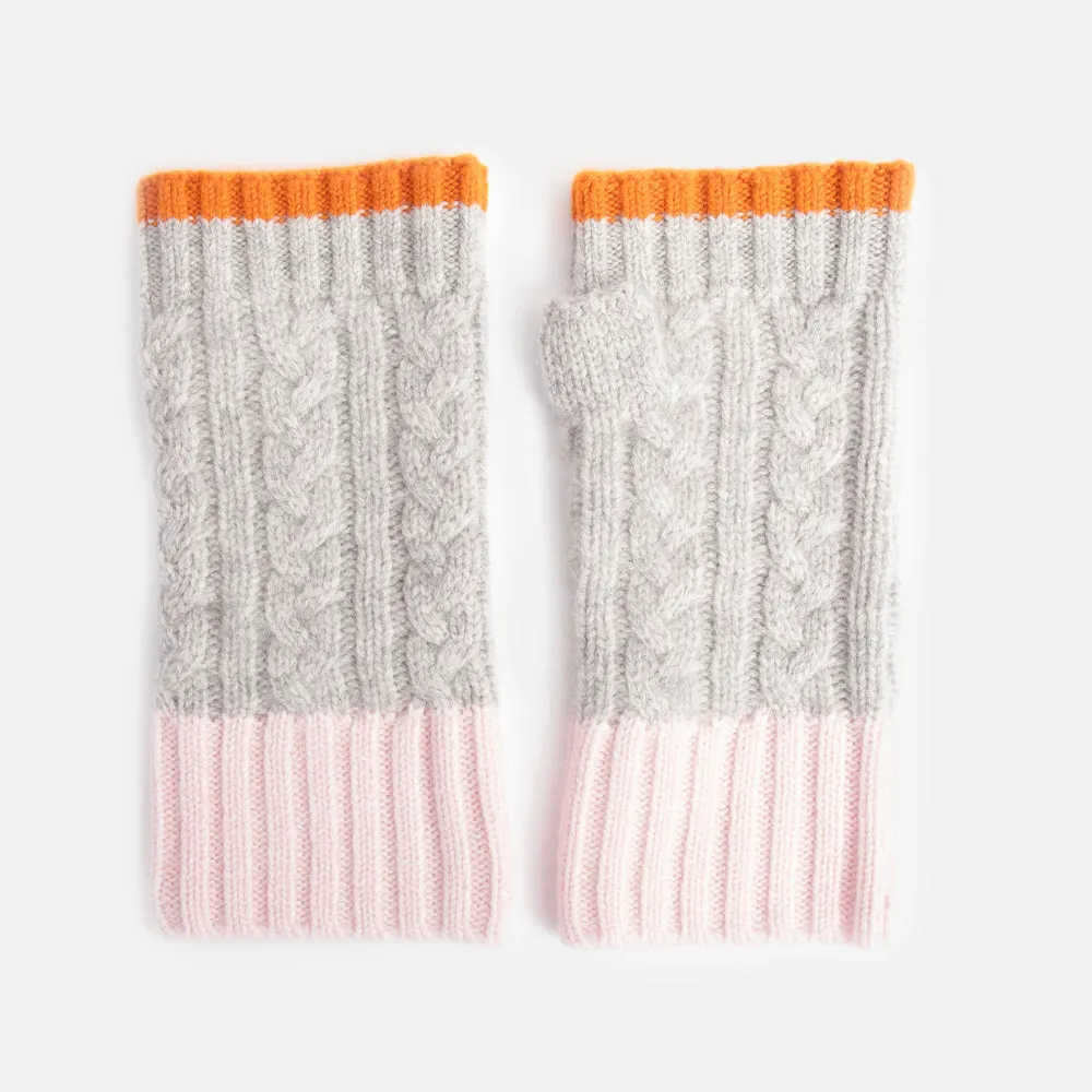 Light Grey/Tangerine/Pink Cashmere Cable Knit Wrist Warmers