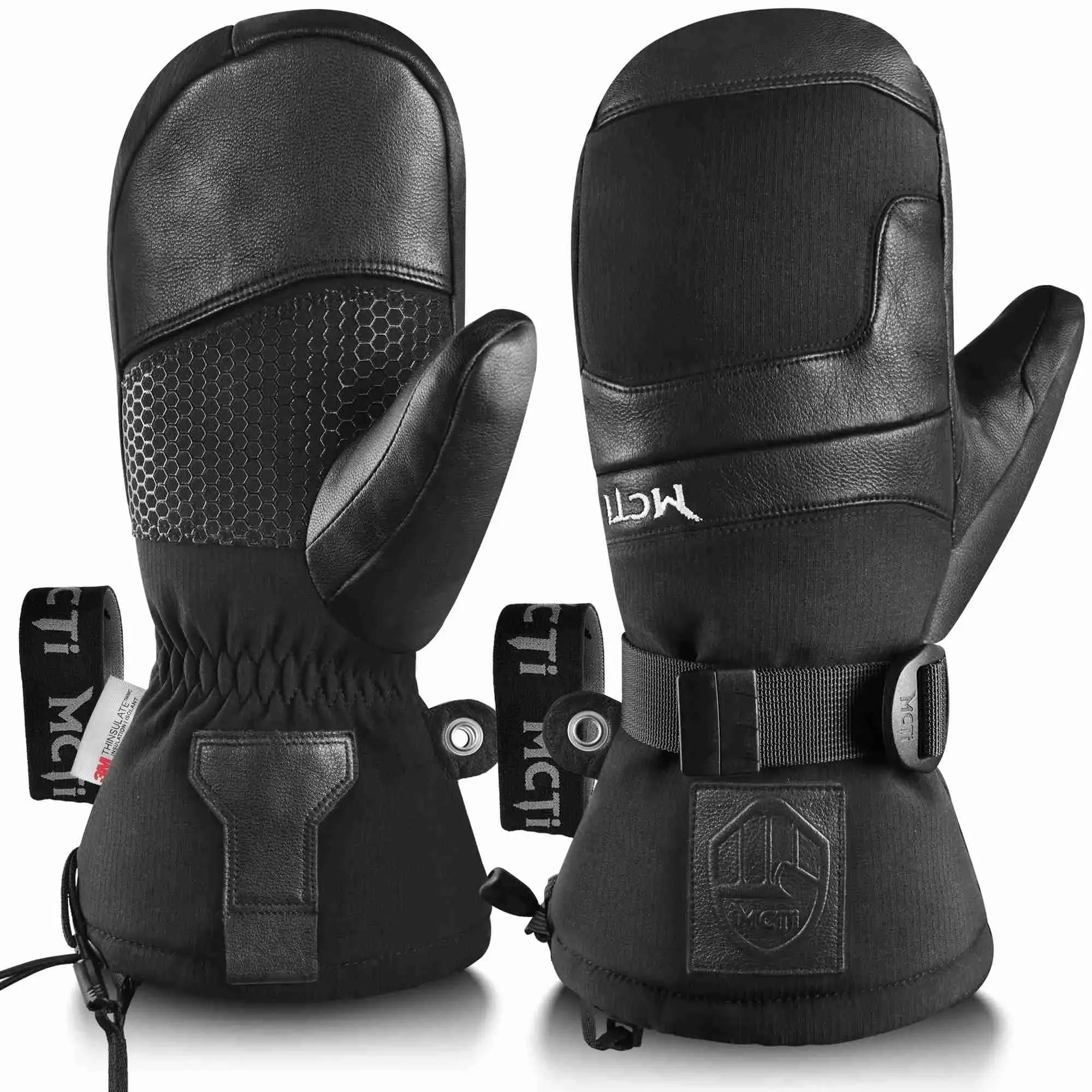 MCTi Ski Mittens Leather Mitten Winter Cold Weather Waterproof Snow Mitt for Men