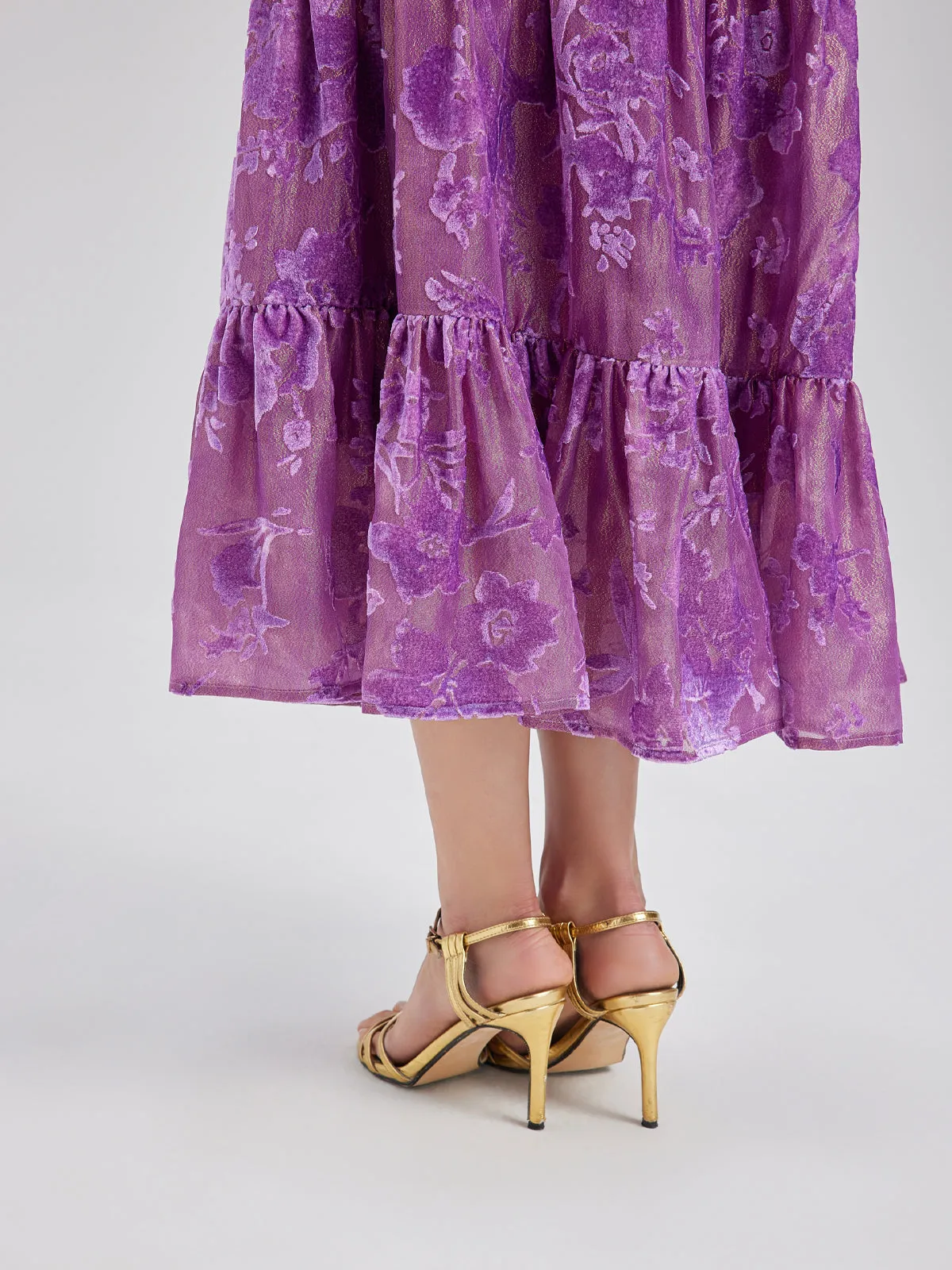 Mulberry Silk Burnout Velvet Layered Floral Skirt