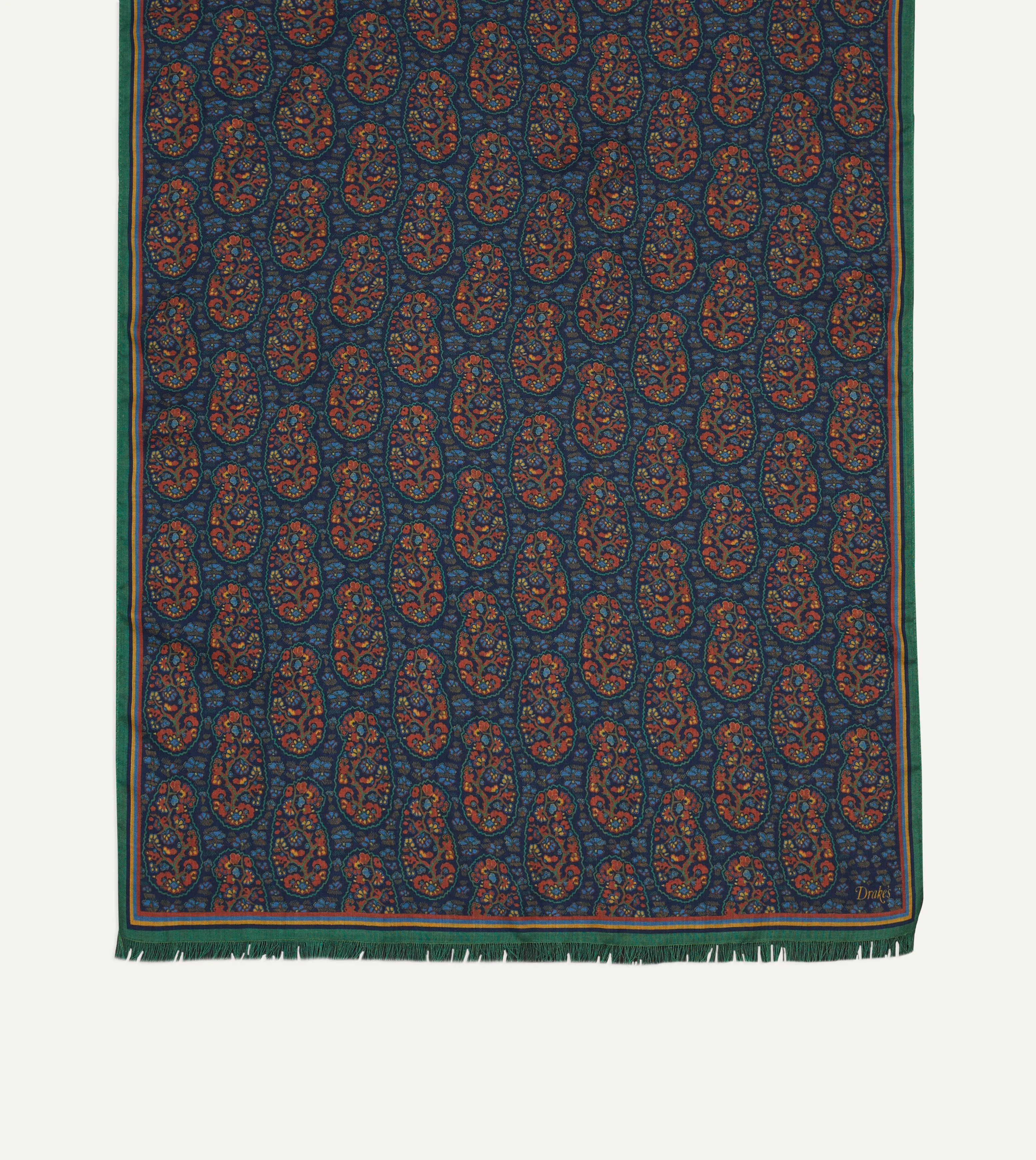 Navy and Green Paisley Print Wool-Silk Scarf