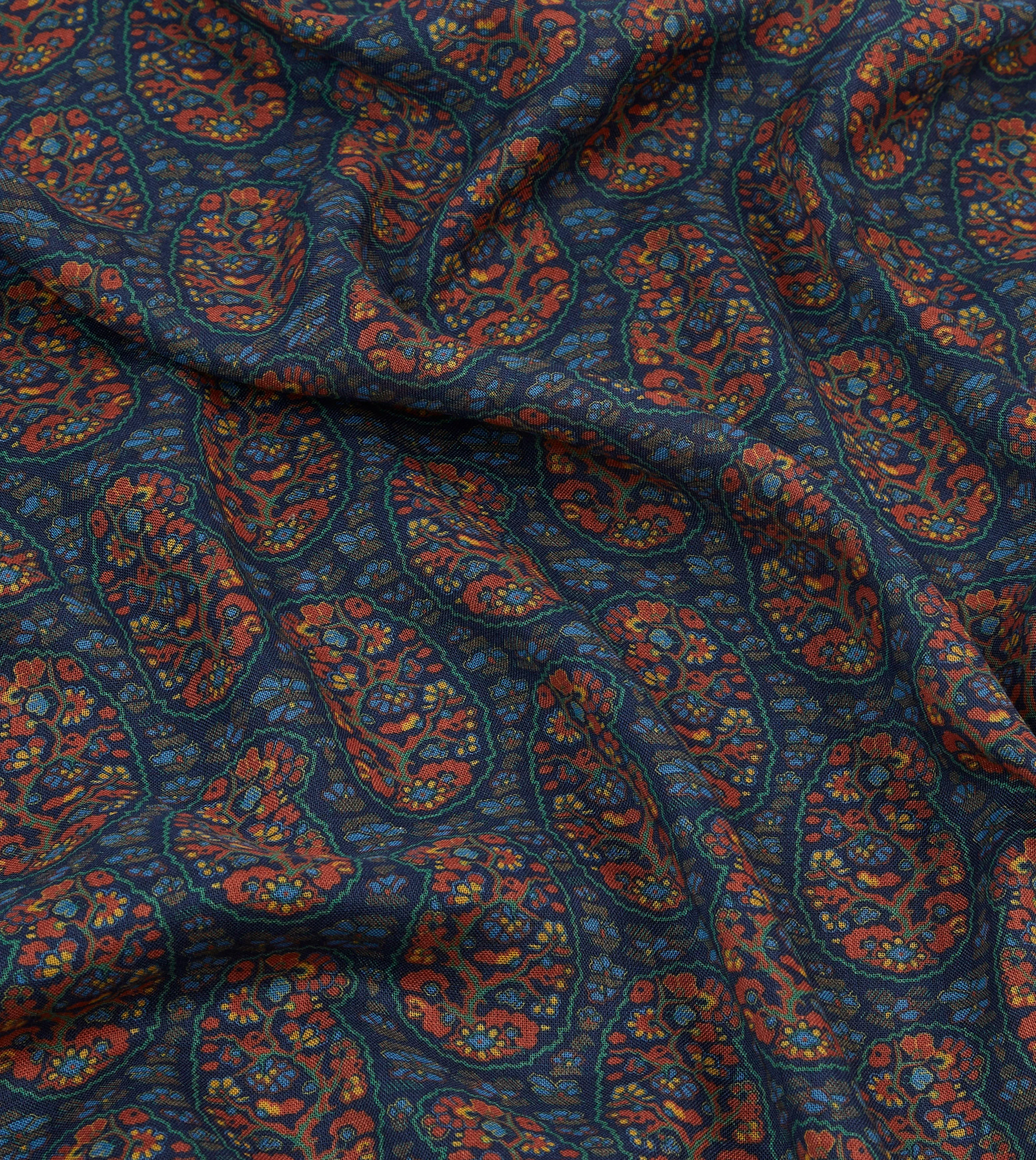 Navy and Green Paisley Print Wool-Silk Scarf