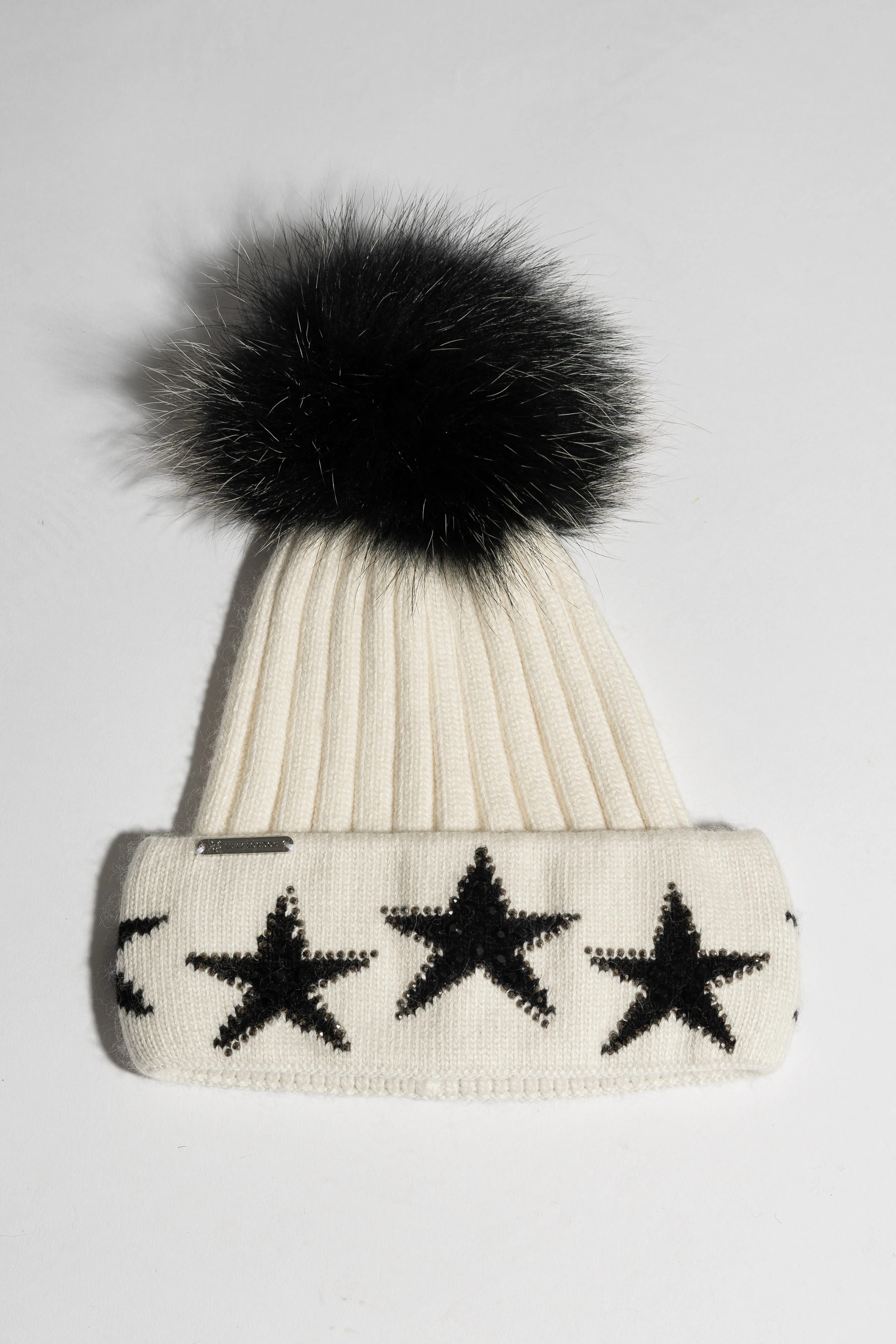 Phoenix Star Embellished Pom Pom Hat - Ecru