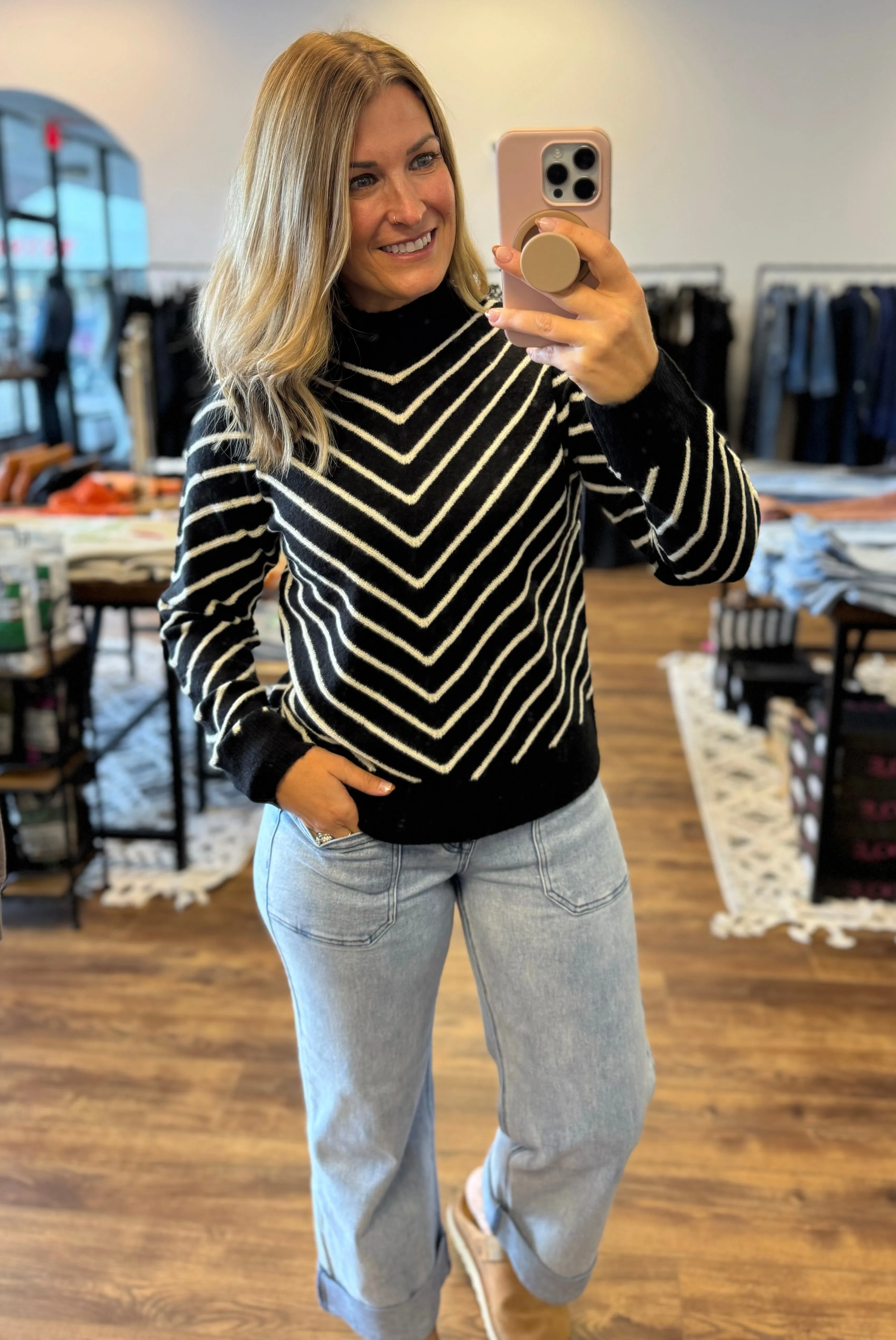 Renee - Diagonal Striped Mock Neck Sweater