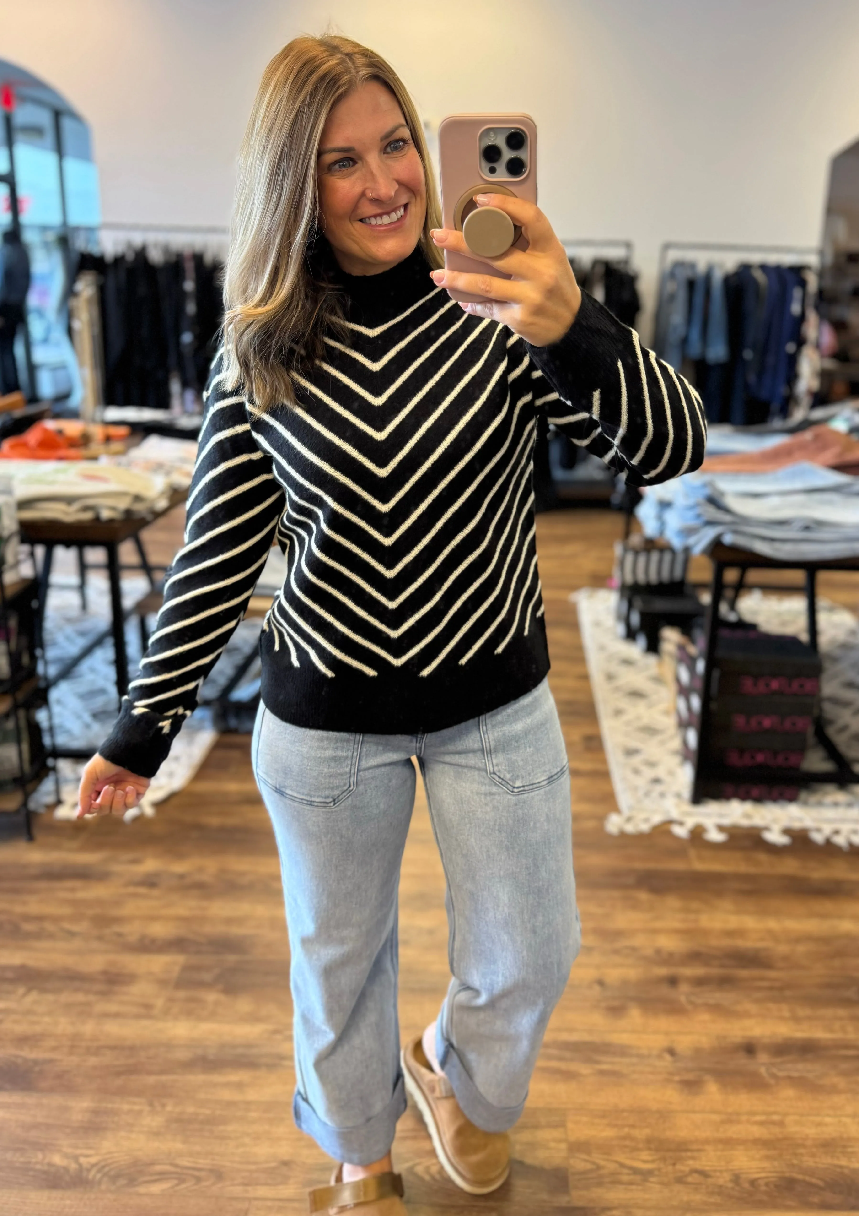 Renee - Diagonal Striped Mock Neck Sweater