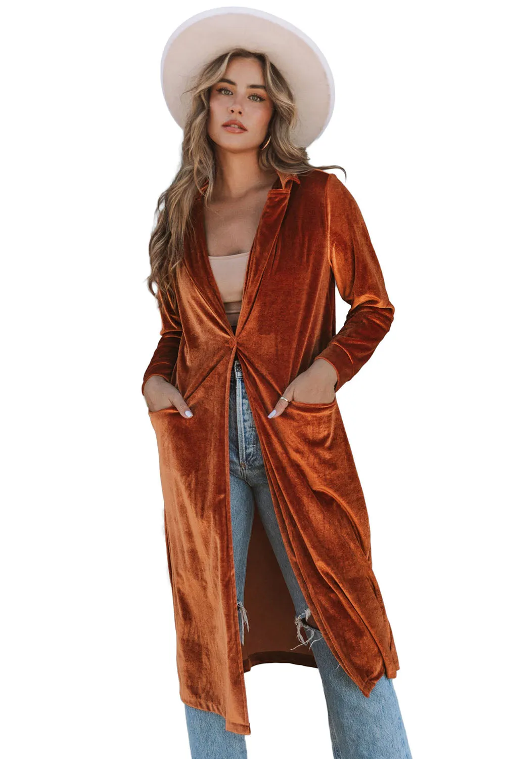 Retro Velvet Long Sleeve Pocket Coat