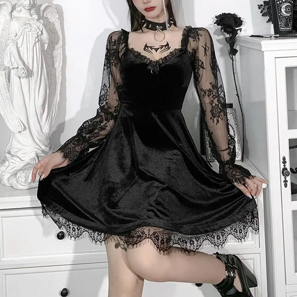 Romantic Gothic Velvet Dress, Elegant Floral Lcae Vestido For Women