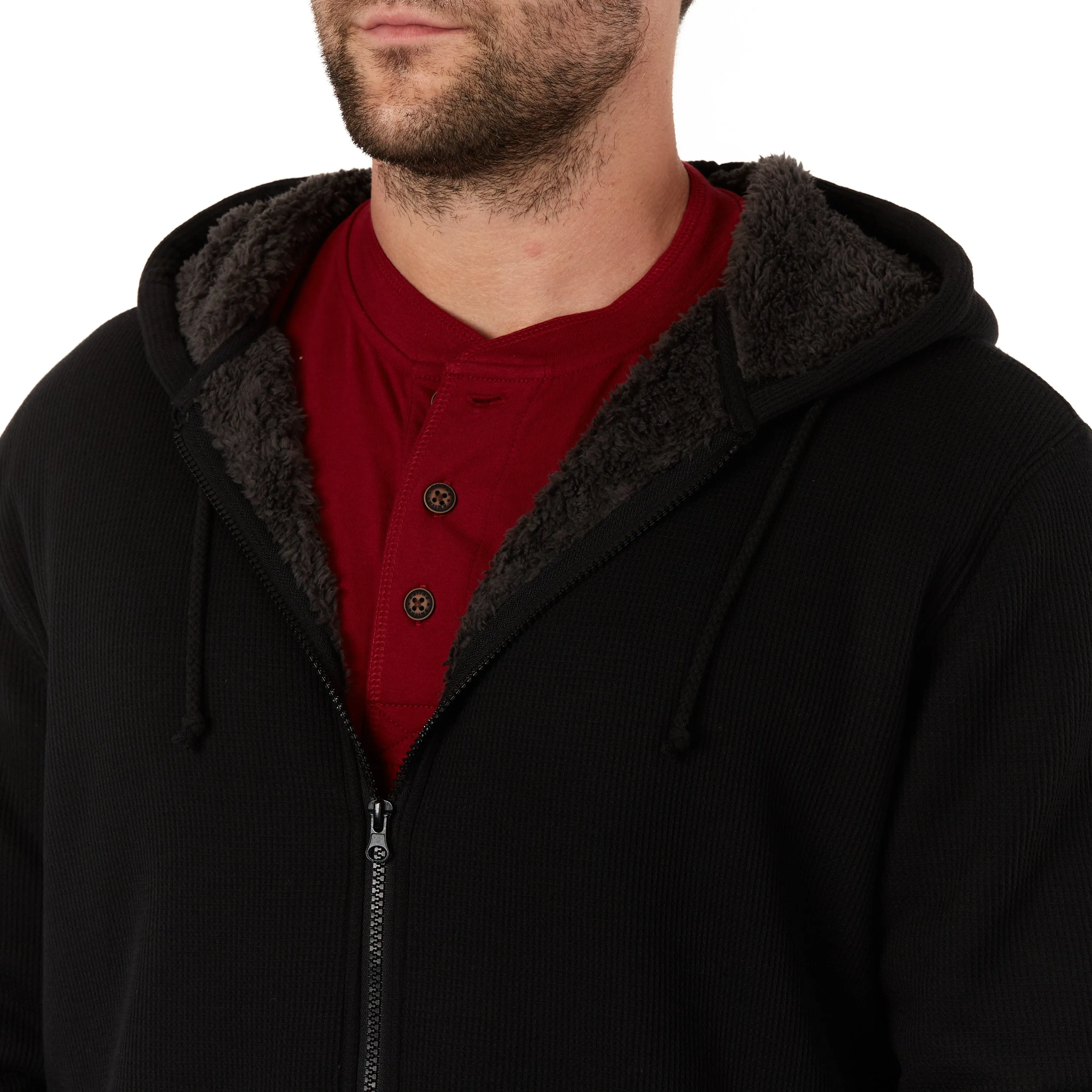 SHERPA-BONDED THERMAL KNIT HOODED JACKET