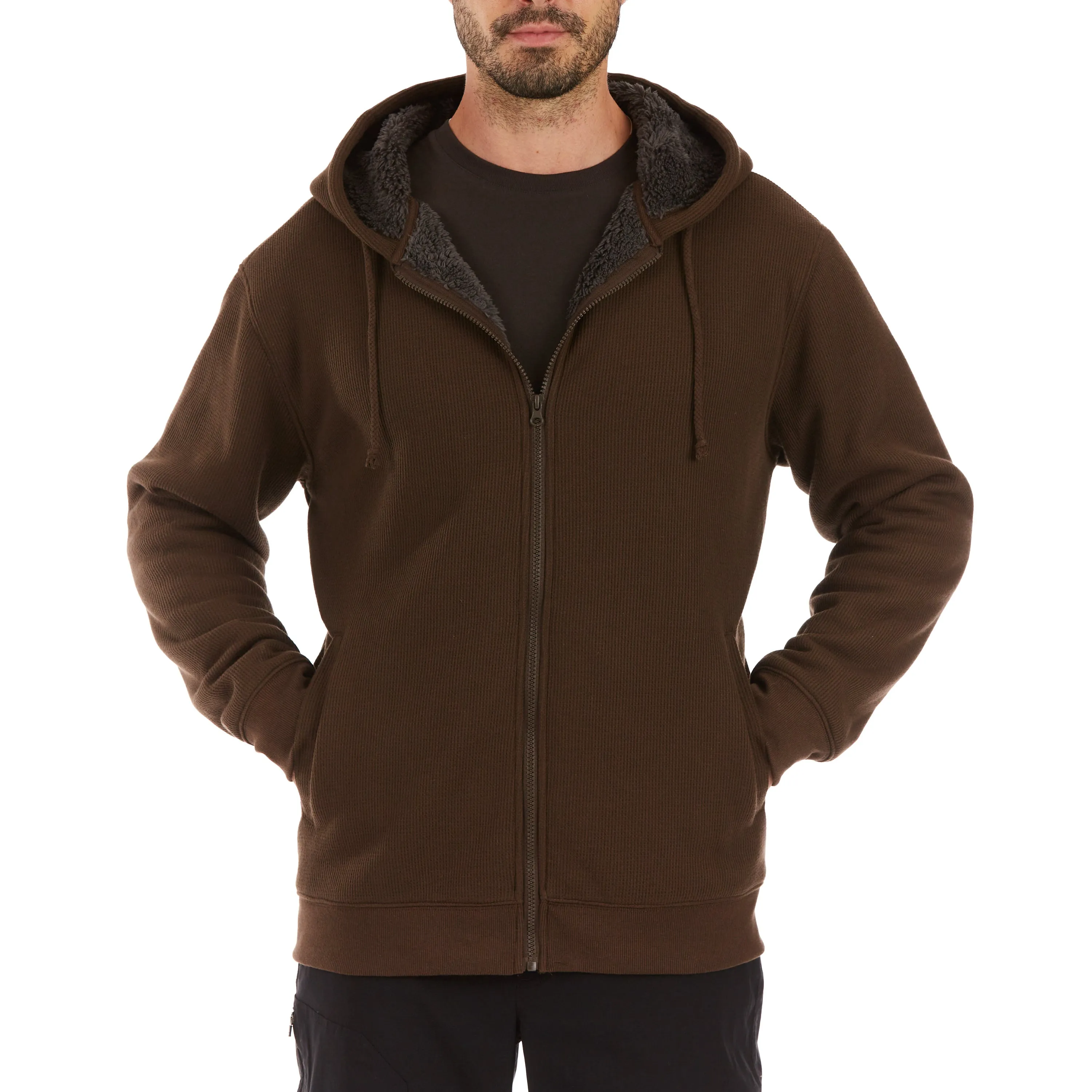 SHERPA-BONDED THERMAL KNIT HOODED JACKET