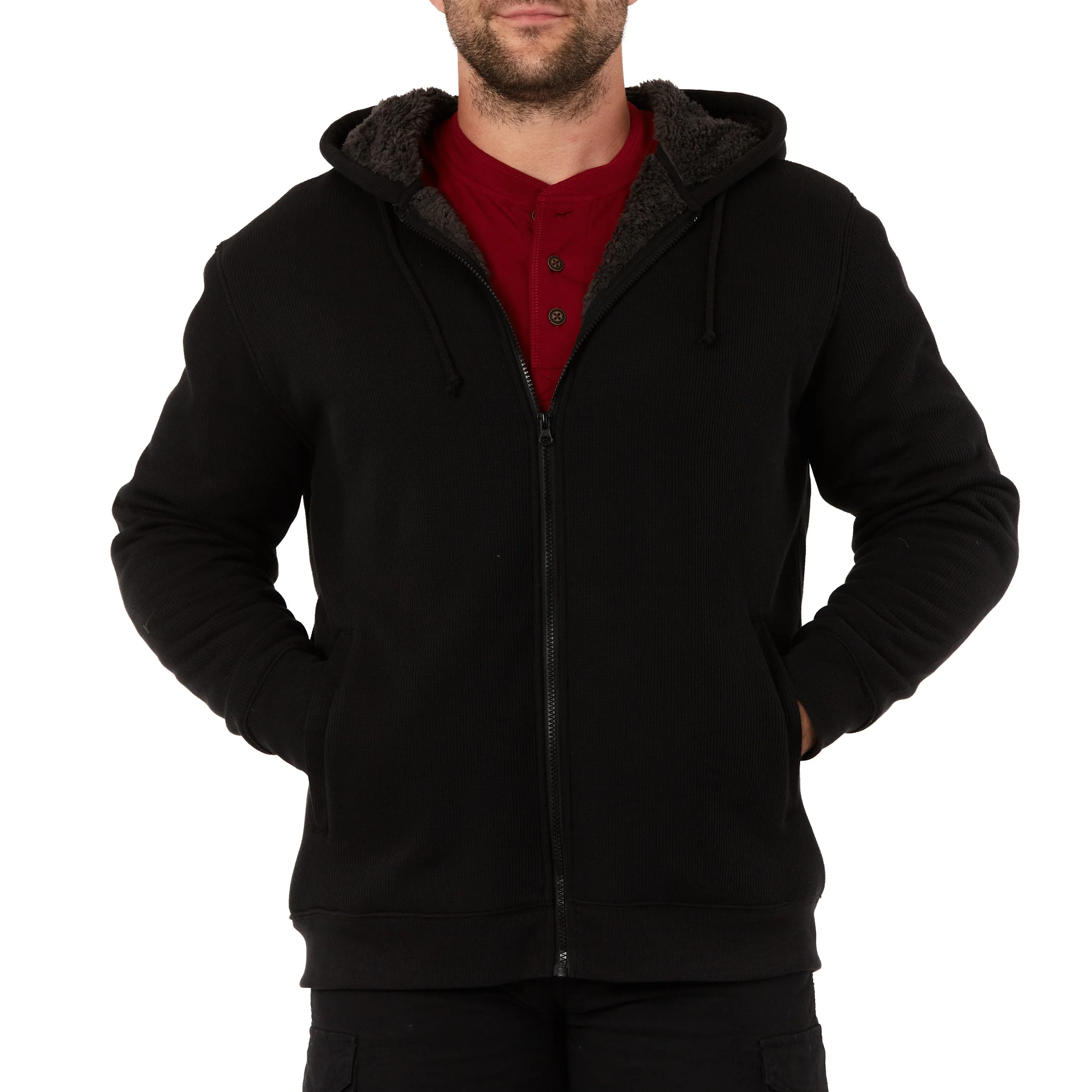 SHERPA-BONDED THERMAL KNIT HOODED JACKET