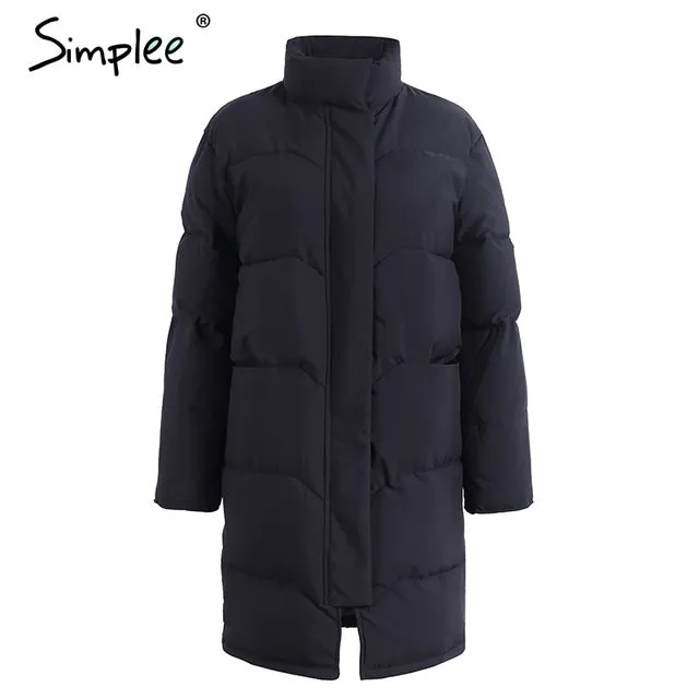 Simplee Cotton padded warm black parka Women jacket zipper pocket outerwear parkas 2017 Autumn winter casual overcoat female