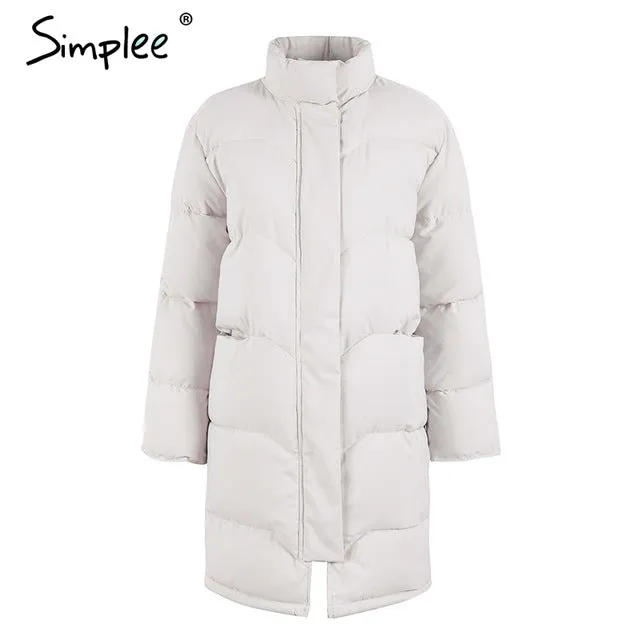 Simplee Cotton padded warm black parka Women jacket zipper pocket outerwear parkas 2017 Autumn winter casual overcoat female