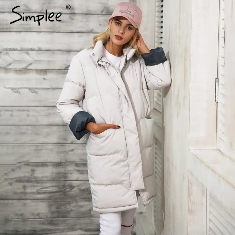 Simplee Cotton padded warm black parka Women jacket zipper pocket outerwear parkas 2017 Autumn winter casual overcoat female