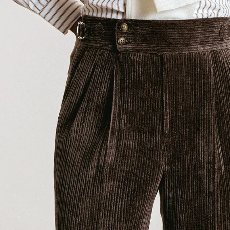 Solid Corduroy Belt Buttons Trousers