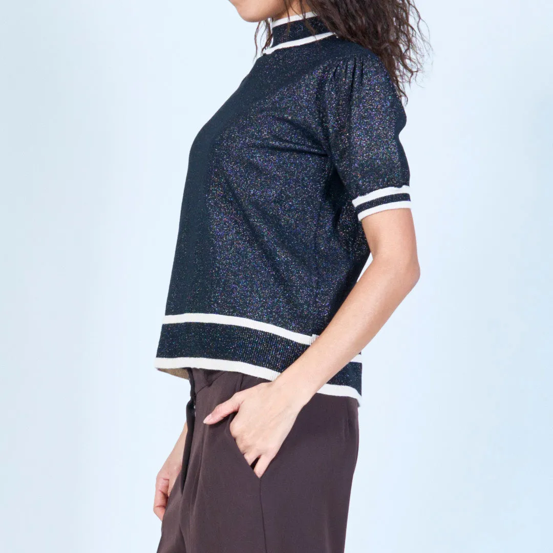 Sparkle knit short-sleeve top with ribbed hem wholesale