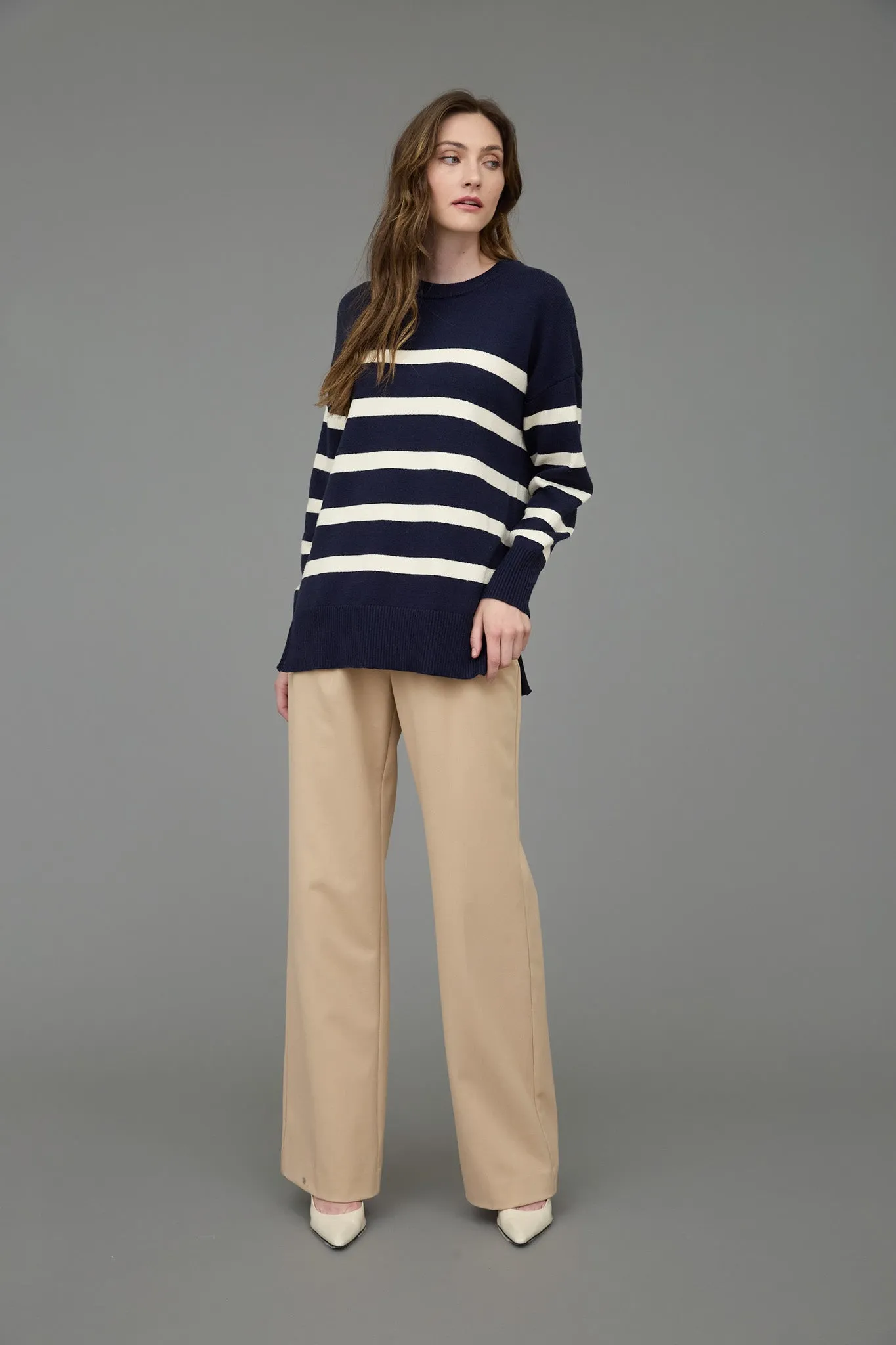 STRIPE OVERSIZED CREW SIDE SPLIT KNIT SWEATER